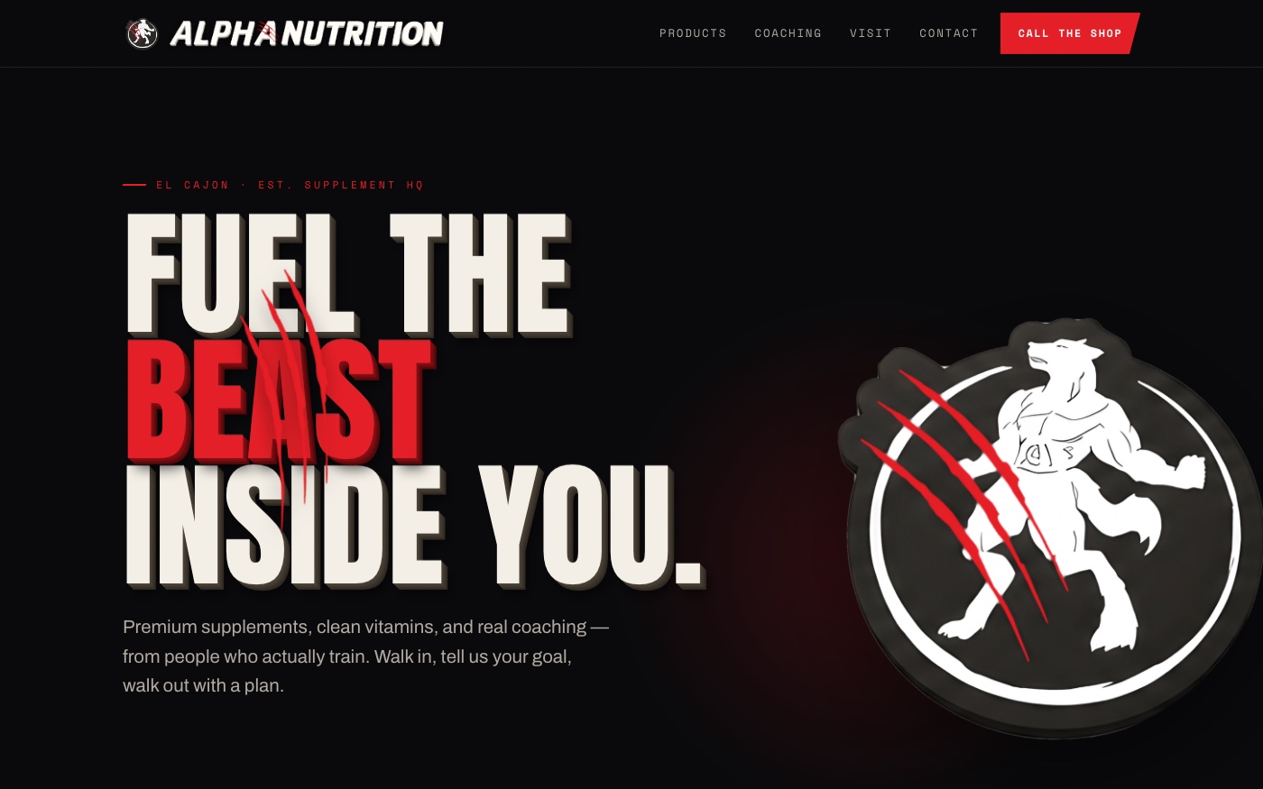 Alpha Nutrition website homepage — supplement and vitamin shop in El Cajon, California