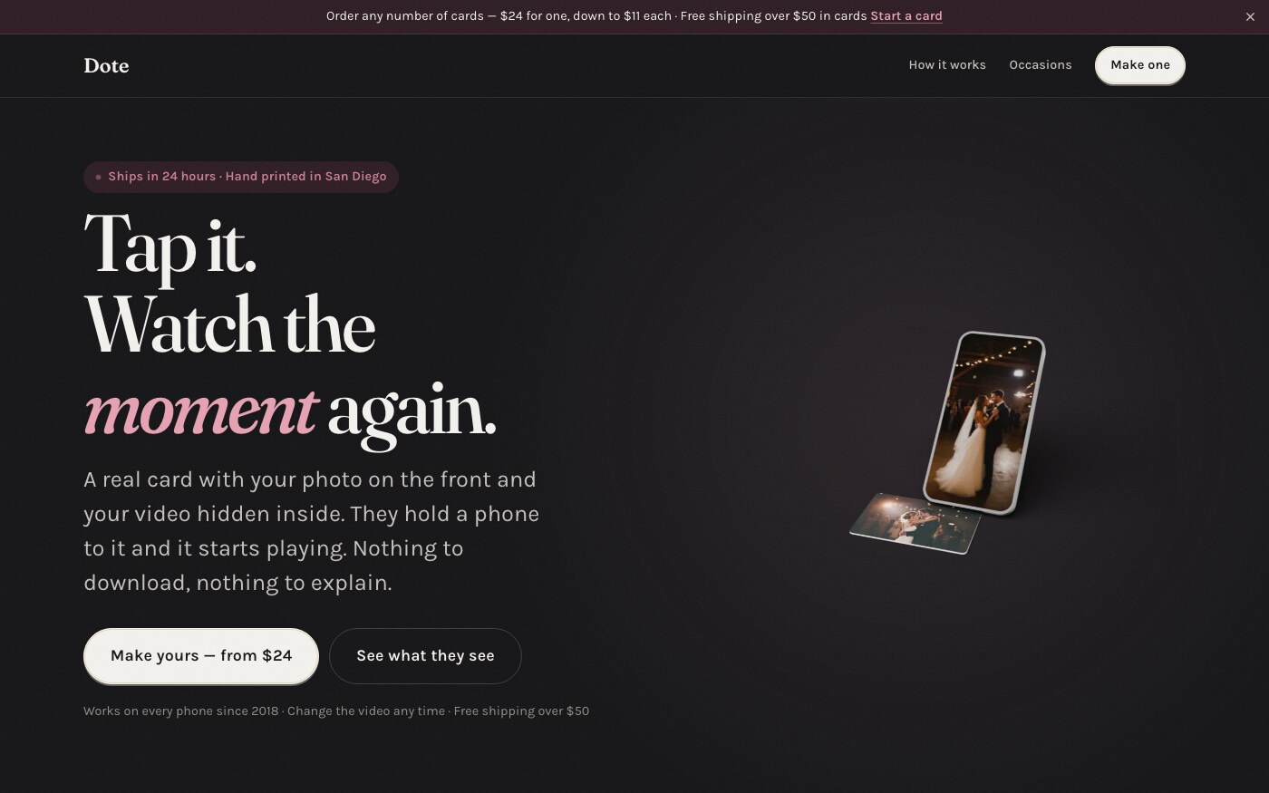 Dote website homepage — personalised NFC keepsake cards that play a video when tapped, hand printed in San Diego