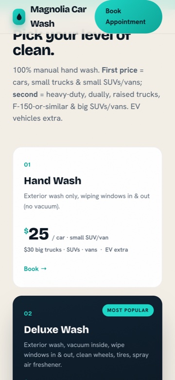 Magnolia Car Wash service menu on a phone