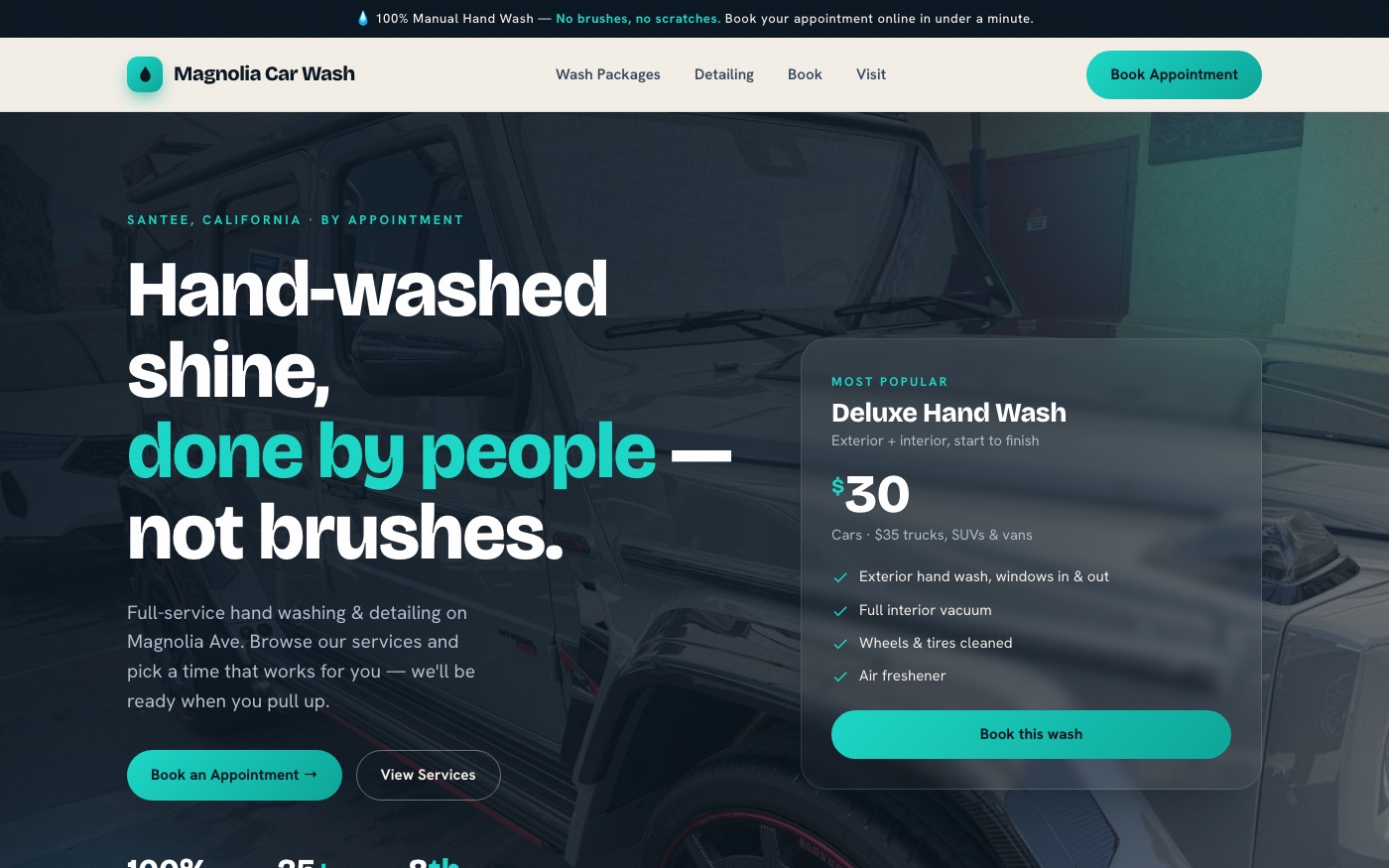 Magnolia Car Wash website homepage — online booking for a car wash and detail shop in Santee, California