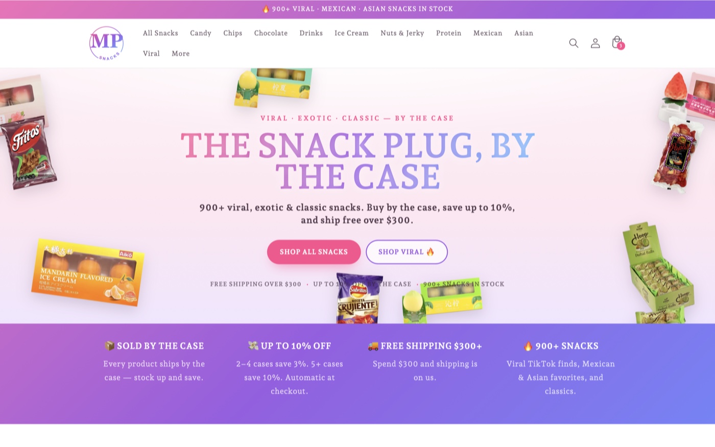 MP Snacks online store — viral, Mexican, and Asian snacks sold by the case