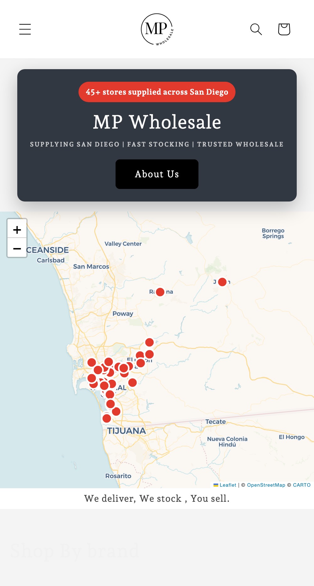 MP Wholesale website on a phone, showing the interactive map of 45+ San Diego stores supplied
