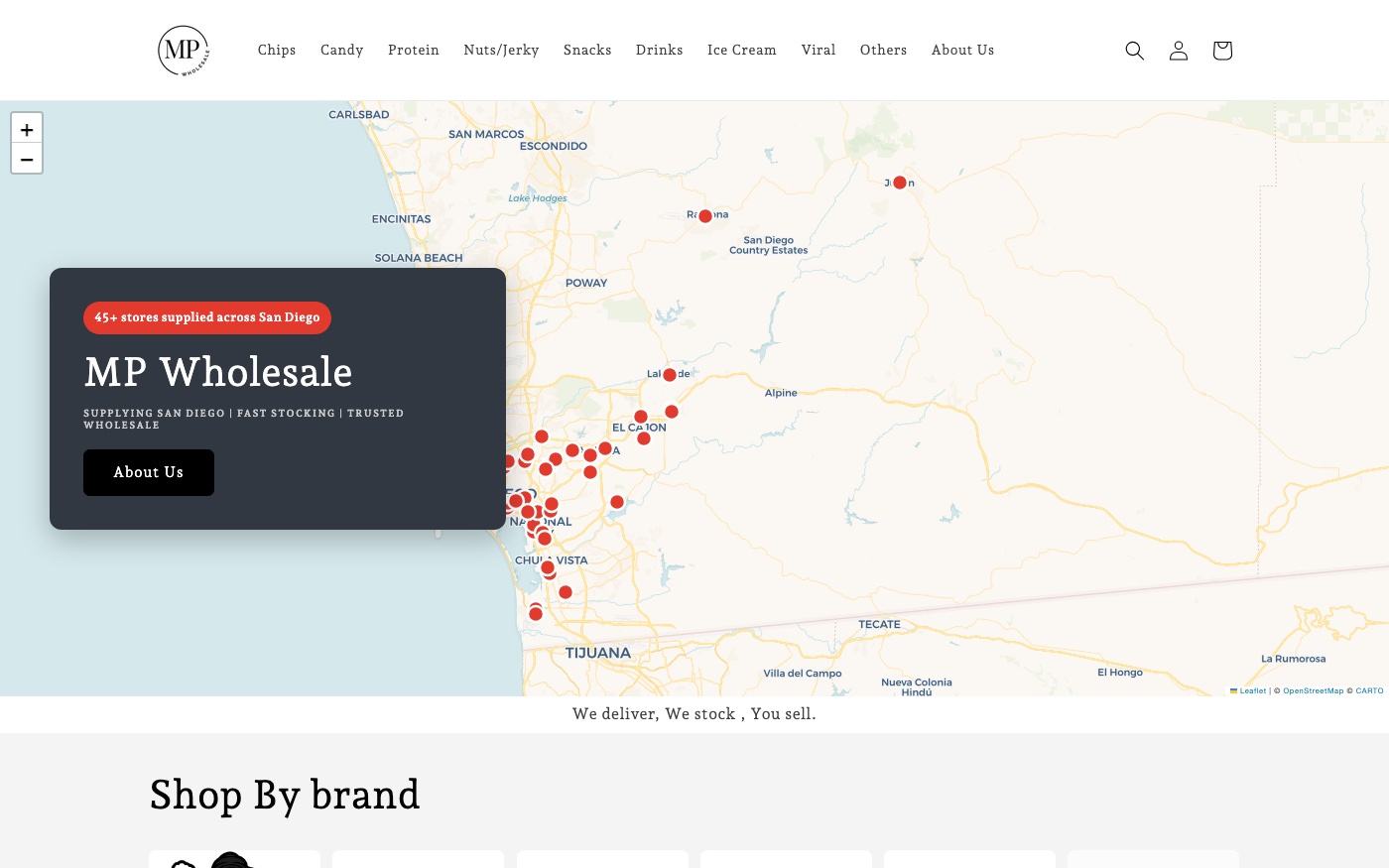 MP Wholesale website — snack and beverage wholesale distributor supplying San Diego stores